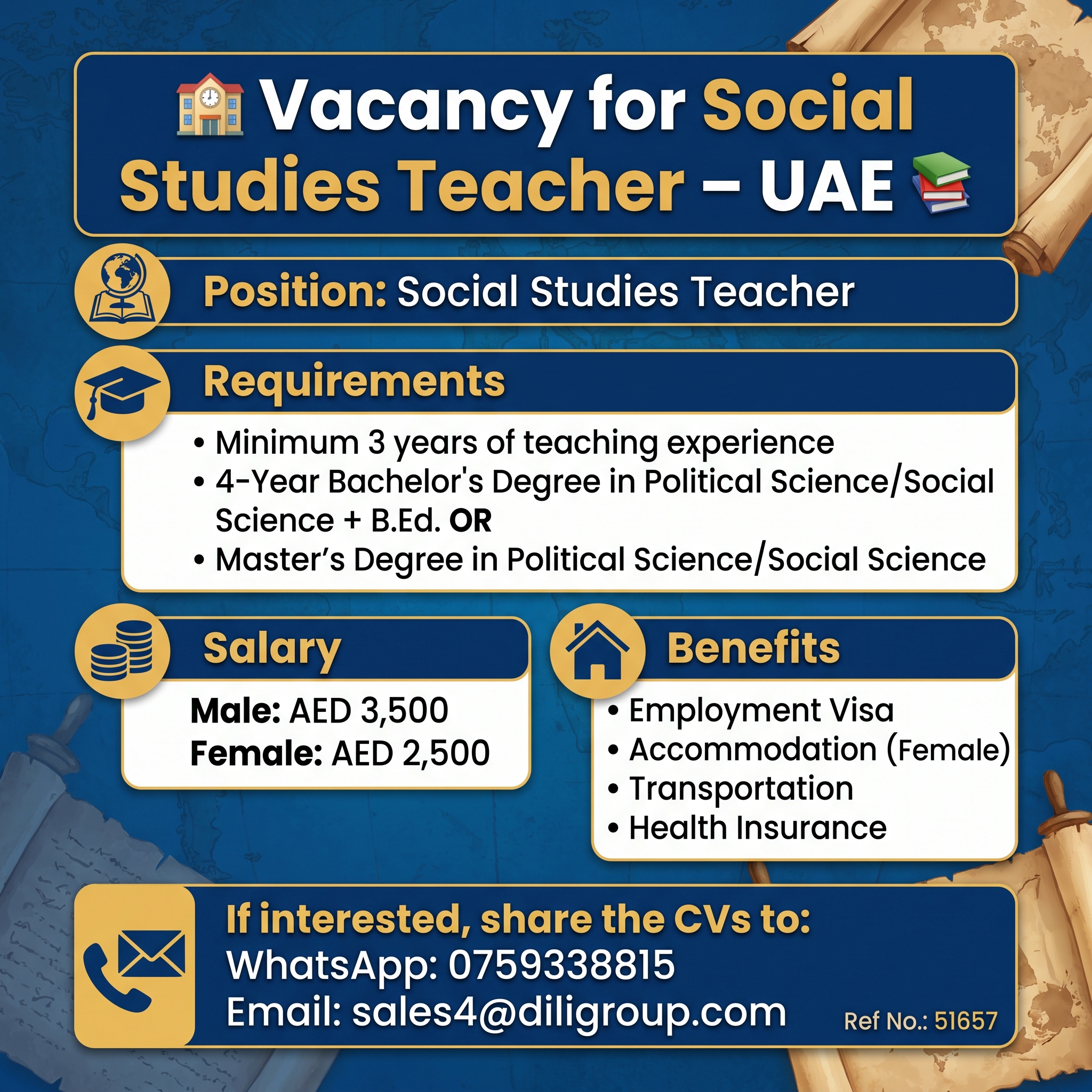 🏫Vacancy for Social Studies Teacher – UAE📚