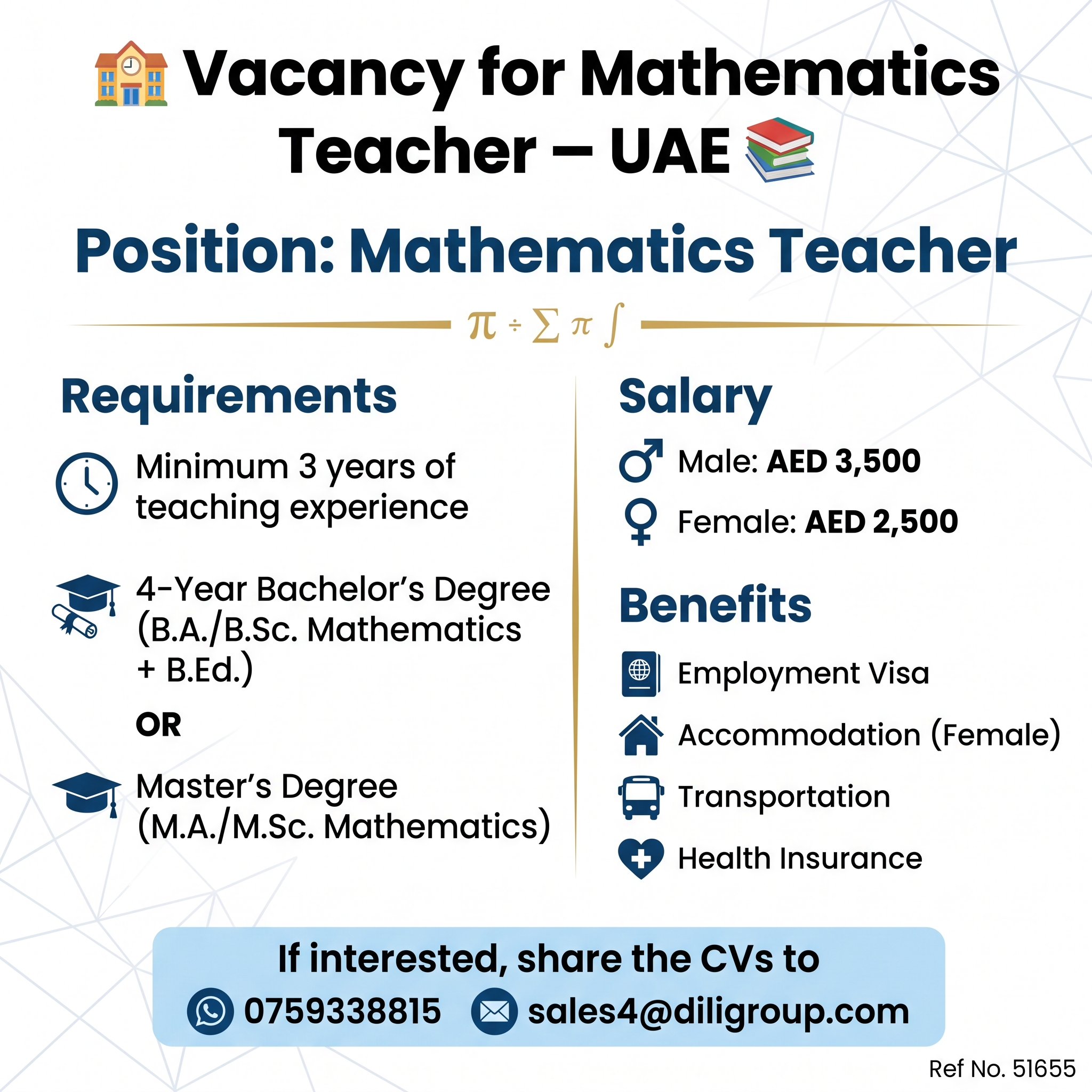 Vacancy for Mathematics Teacher β UAE