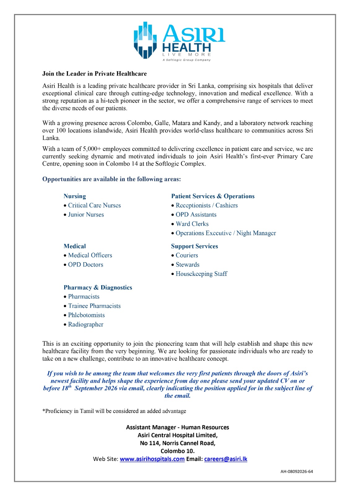 Vacancies in Asiri Hospital